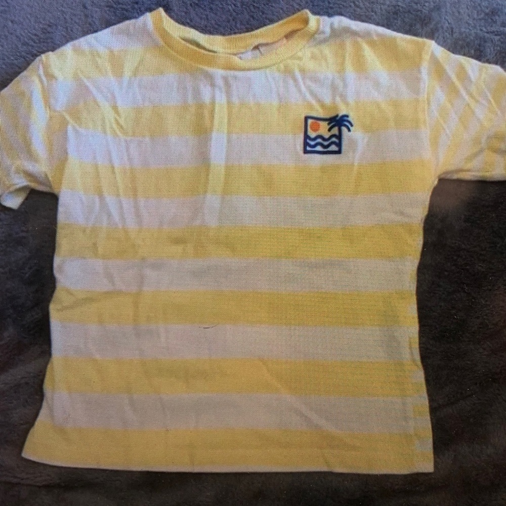 Yellow and White Striped T-Shirt with Palm Tree Patch